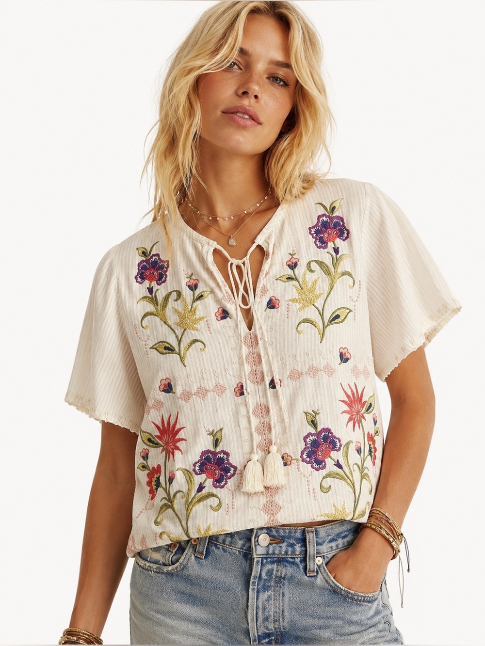 Johnny Was NWT Calista Ruffle Sleeve Field Blouse Linen Embroidered Boho Small